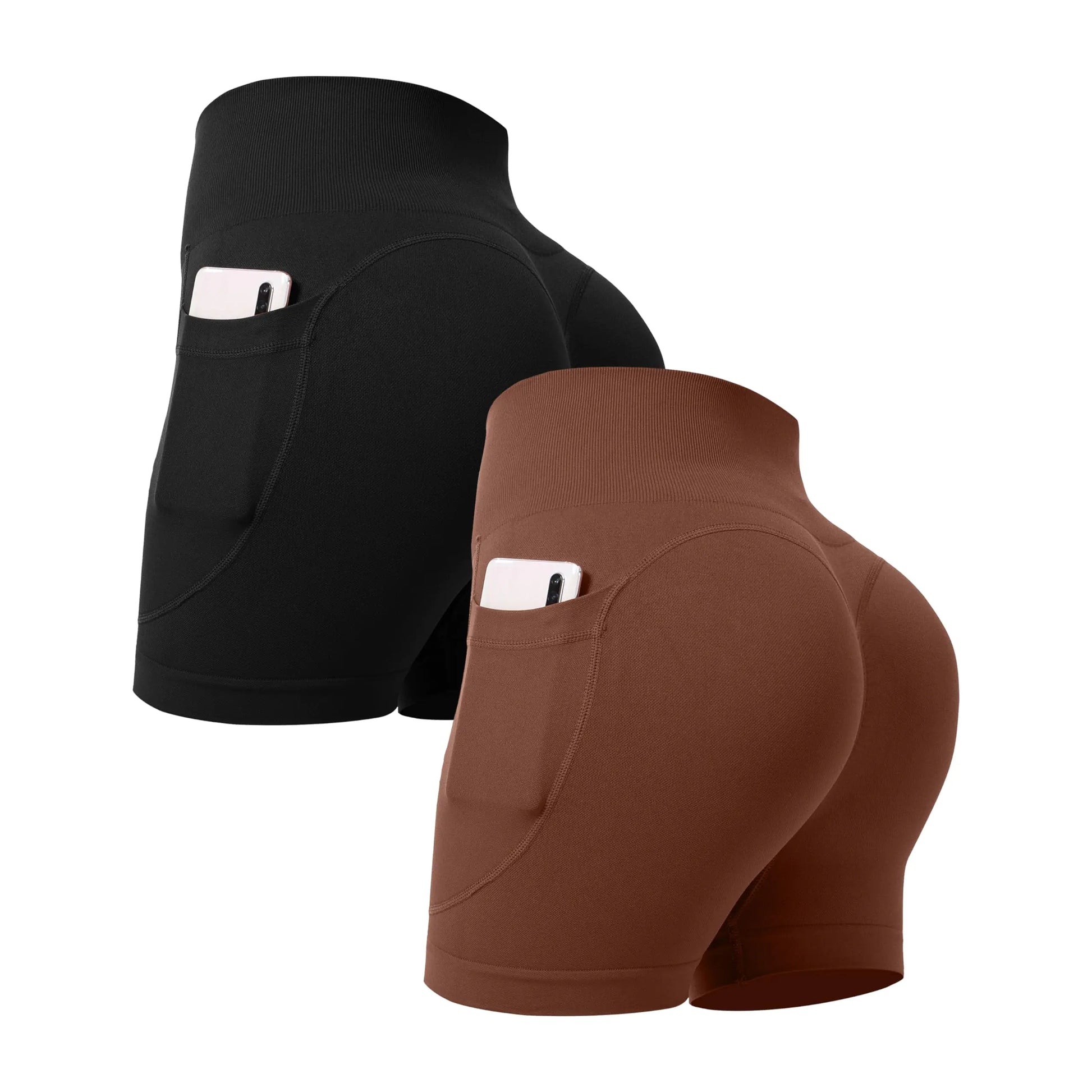OVESPORT 2 Pack Scrunch Butt Lifting Workout Shorts for Women with Pockets High Waist Seamless Gym Yoga Shorts Black Coffee