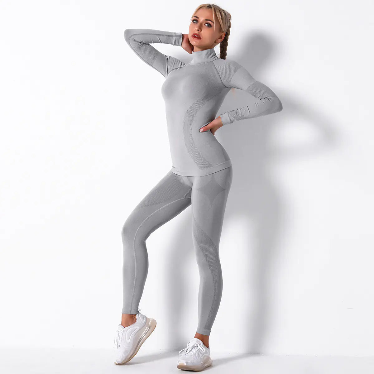 Seamless Knitted Striped Long Sleeve Yoga Set
